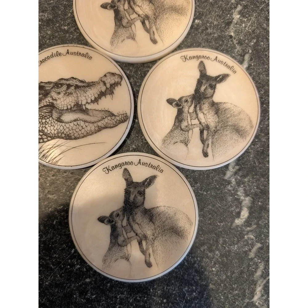 Vintage‎ Australian Wildlife Coasters Set of 4 Kangaroo Crocodile Cork Back 4